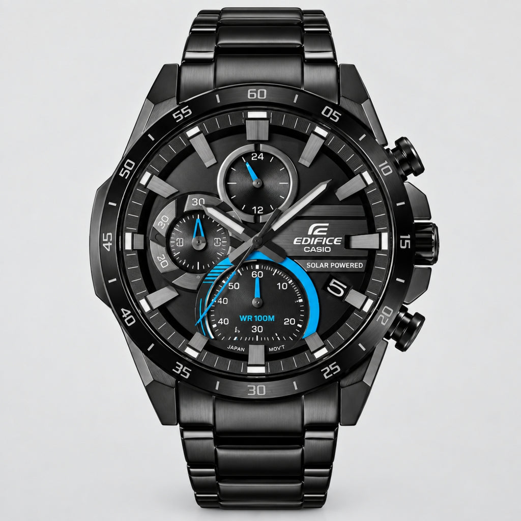 EQS-920BL-1BV Solar-Powered Black Ion Chronograph Watch
