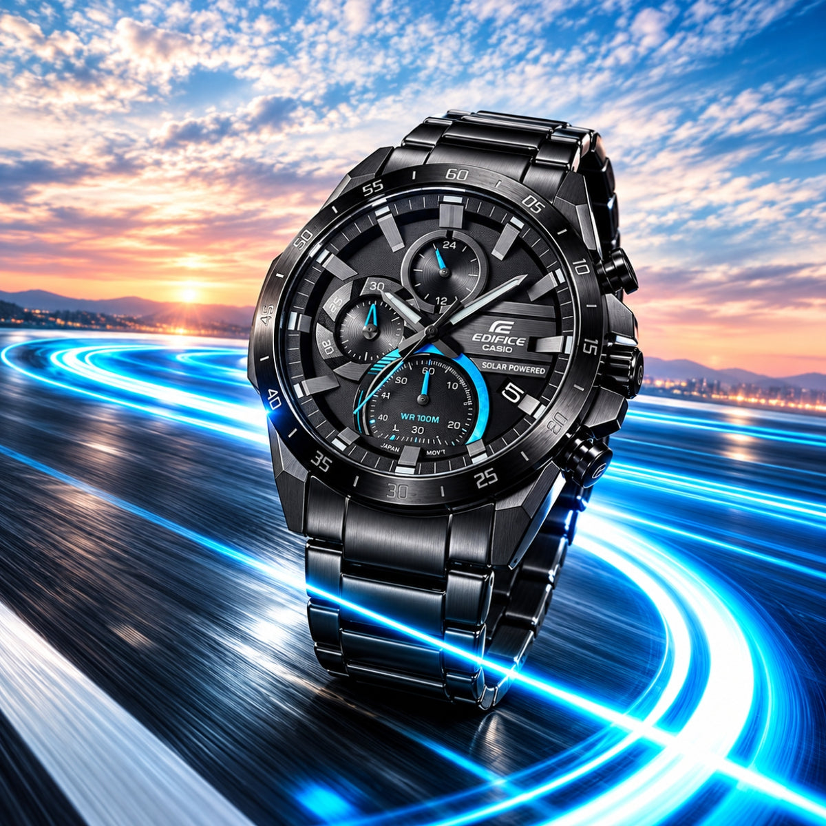 EQS-920BL-1BV Solar-Powered Black Ion Chronograph Watch