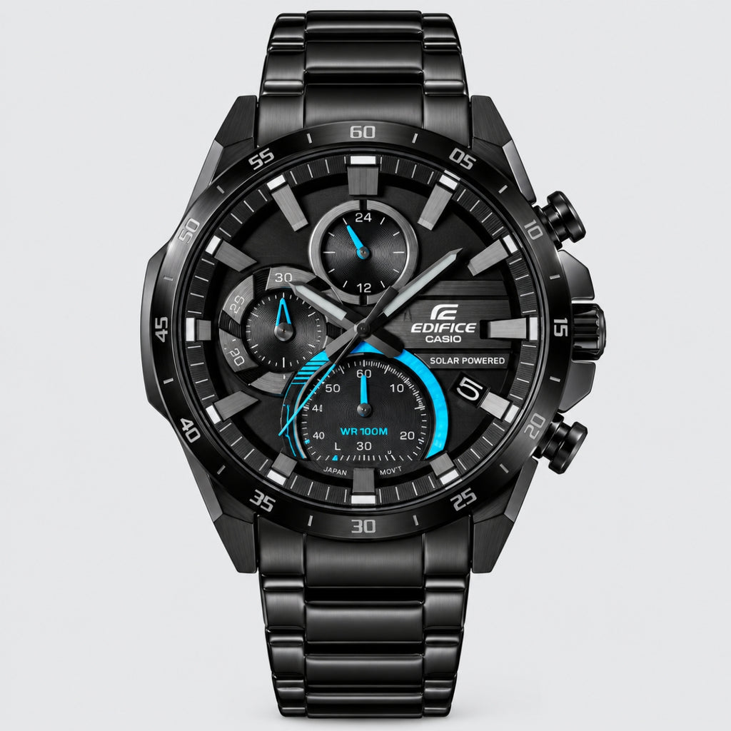 EQS-920BL-1BV Solar-Powered Black Ion Chronograph Watch