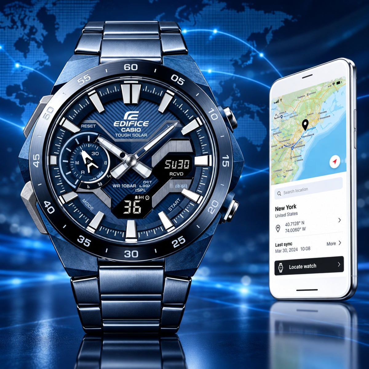 ECB-980SP-2B Ocean Blue Ion-Plated Tough Solar Hybrid Watch